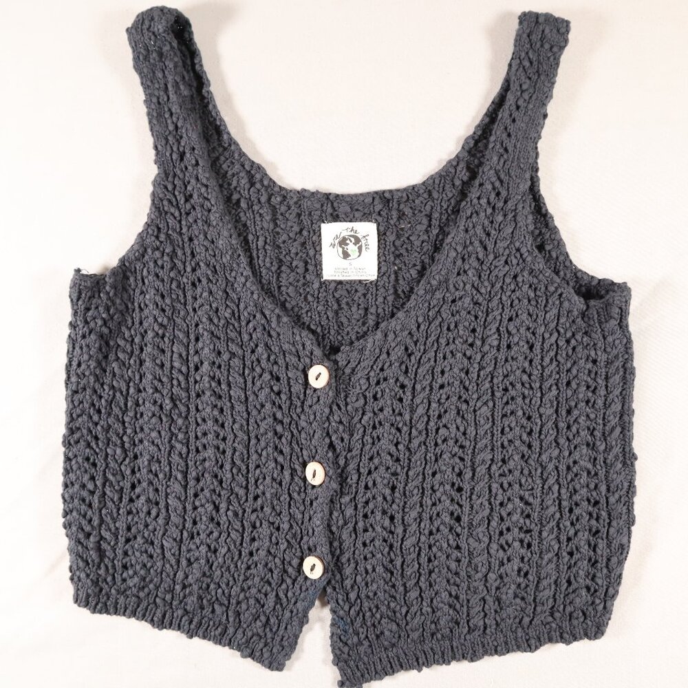 We The Free Tank Top Tank Vest Crochet Black Size Small Button Front Knit Crop